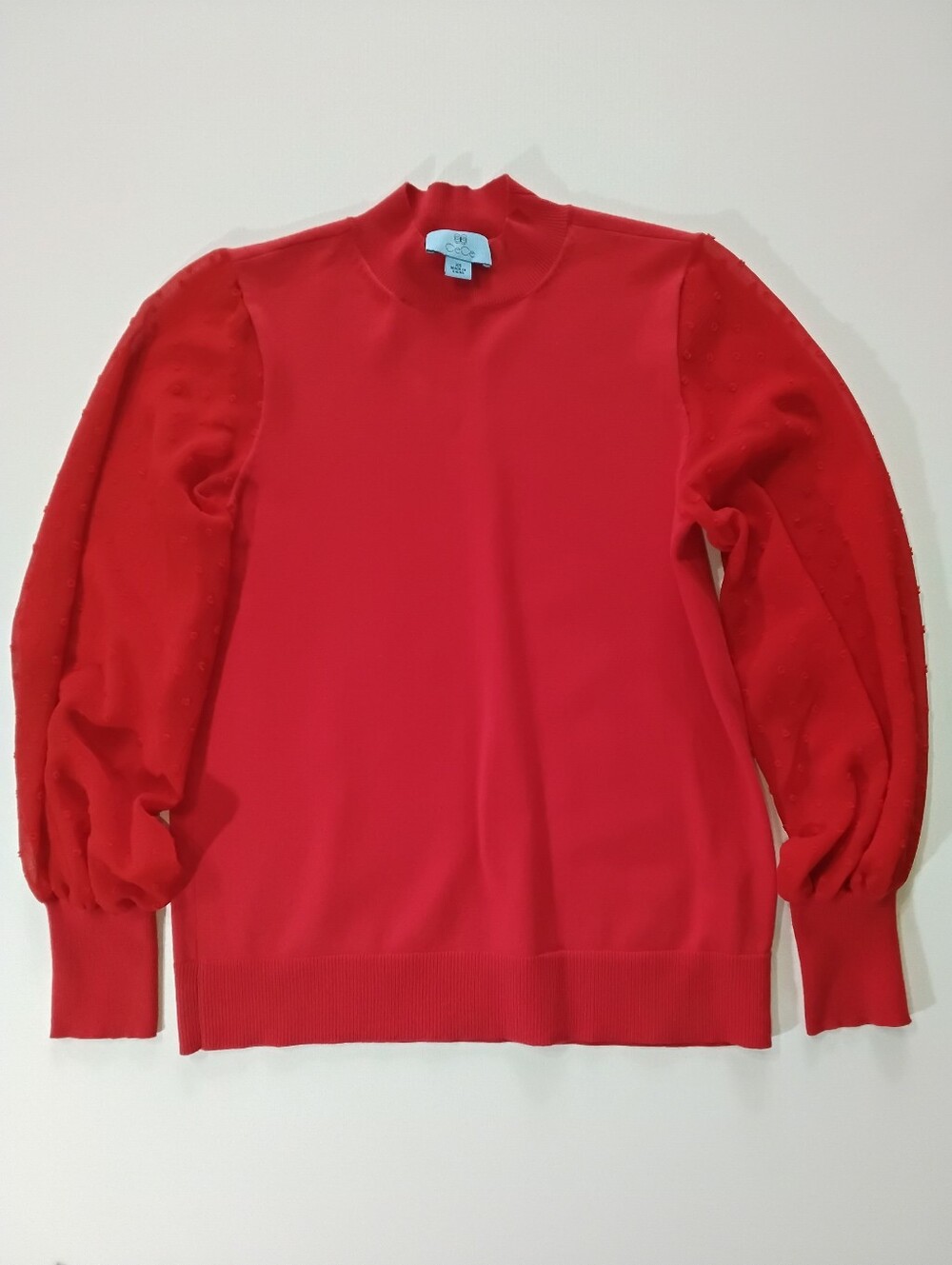 Cece Mock Neck Sweater Womens Size XS Red Swiss Dot Puff Sleeve Business Casual